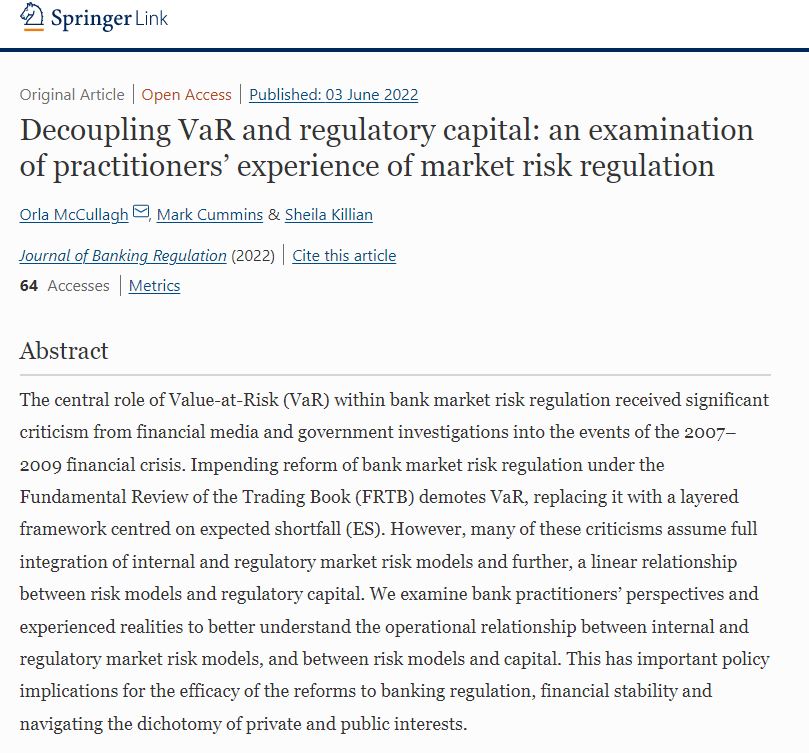 orla.mccullagh@ul.ie (@mccullagh_orla) on Twitter photo Delighted to see our paper investigating the relationship between market risk regulatory capital and risk models published with <a href="/SpringerNature/">Springer Nature</a> in the Journal of Banking Regulation: rdcu.be/cOVTL
#bankingregulation #ValueAtRisk #FRTB <a href="/sheilakillian/">Sheila Killian</a> <a href="/BusinessAtUL/">Business at UL</a> Delighted to see our paper investigating the relationship between market risk regulatory capital and risk models published with <a href="/SpringerNature/">Springer Nature</a> in the Journal of Banking Regulation: rdcu.be/cOVTL
#bankingregulation #ValueAtRisk #FRTB <a href="/sheilakillian/">Sheila Killian</a> <a href="/BusinessAtUL/">Business at UL</a>