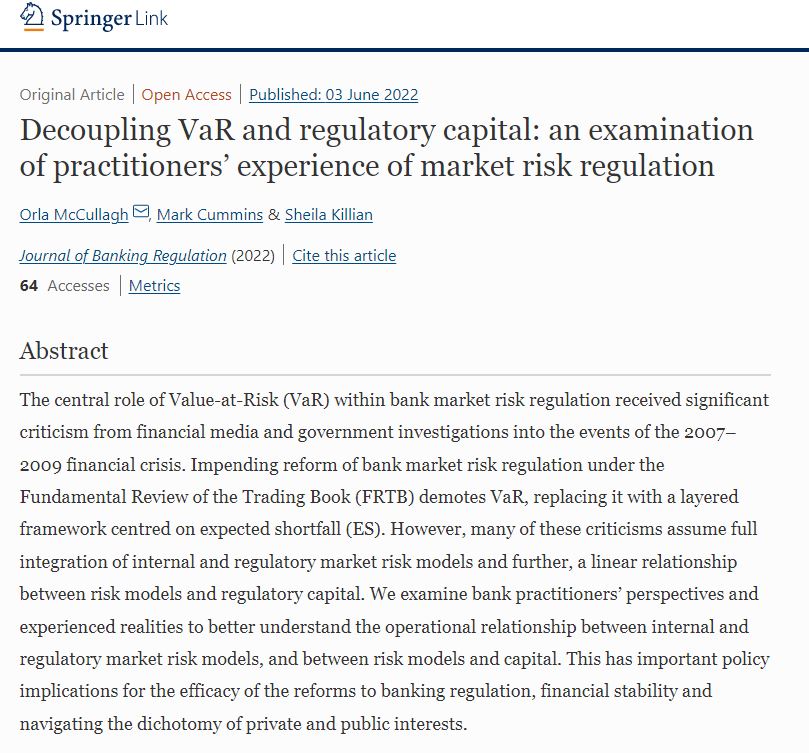 Delighted to see our paper investigating the relationship between market risk regulatory capital and risk models published with @SpringerNature in the Journal of Banking Regulation: rdcu.be/cOVTL
#bankingregulation #ValueAtRisk #FRTB @sheilakillian @BusinessAtUL