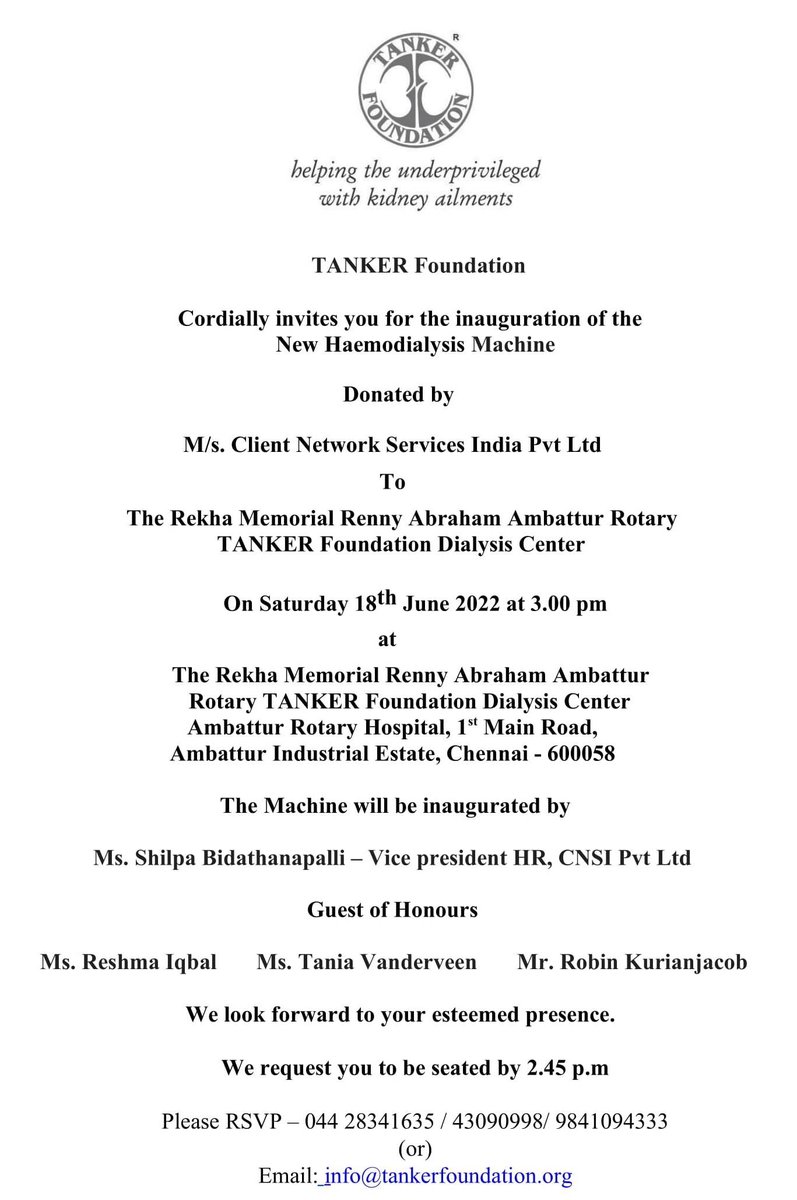 TANKERIndia's tweet photo. The Rekha Memorial Renny Abraham Ambattur Rotary TANKER Foundation Dialysis Centre is getting another dialysis machine, donated by Client Network Services India Pvt Ltd. It will be inaugurated June 18, 2022, at 3 pm by Ms. Shilpa Bidathanapalli, Vice-President, HR, CNSI Pvt Ltd. https://t.co/NvqrD4aFmg