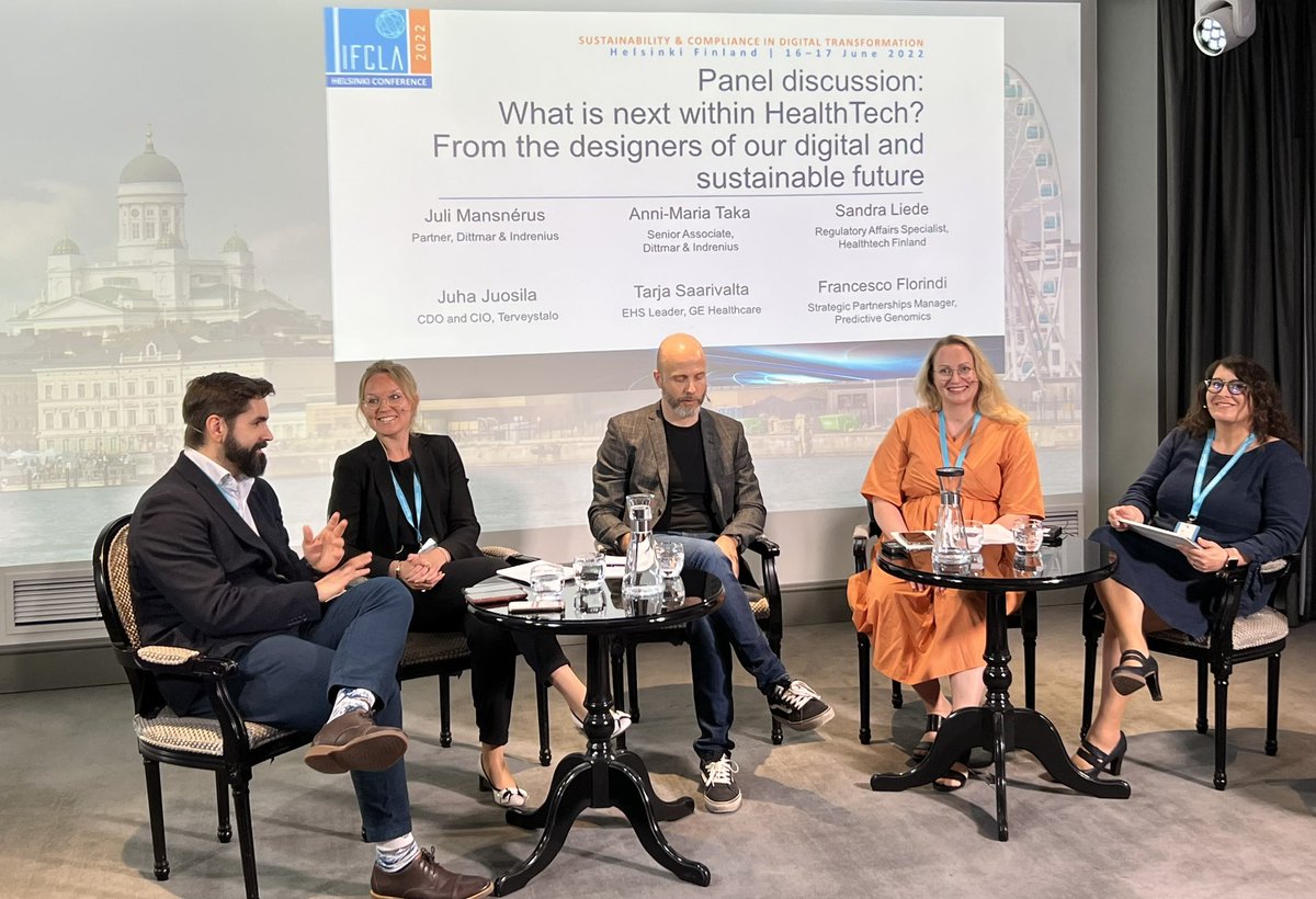 Super interesting panel discussion to begin at Helsinki #IFCLA conference: ”What is next within #HealthTech? From the designers of our digital and sustainable future” w/ <a href="/francescoflo/">Francesco Florindi 🇪🇺</a> <a href="/AnniMariaTaka/">Anni-Maria Taka</a> <a href="/JuhaJuosila/">Juha Juosila</a> <a href="/JuliMansnerus/">Juli Mansnerus</a> @sj_liede 
<a href="/IFCLAtweet/">IFCLA</a> <a href="/IToikeus/">IT-oikeuden yhdistys</a>