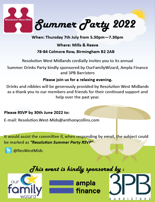 ResWestMids's tweet photo. Our legendary Summer Party will be taking place Thursday 7 July at 5:30pm onwards at Mills and Reeve's offices in Birmingham. Please RSVP to resolution.west-mids@anthonycollins.com to register your attendance https://t.co/o6h47saijm