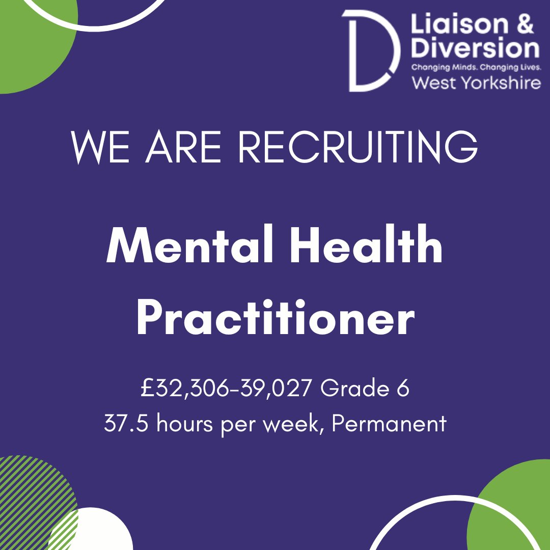LandD_WY's tweet photo. We have an exciting opportunity to join West Yorkshire Liaison and Diversion! 
For further information and to apply for our Mental Health Practitioner role, follow the below link ⬇️
https://t.co/SRXPaSQqcc https://t.co/dtQQe7cypZ