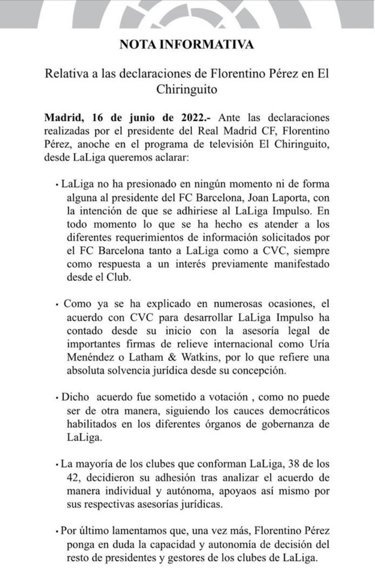 🚨🚨 بيان من رابطة الليغا:

بالنظر إلى التصريحات التي أدلى بها رئيس نادي ريال مدريد، فلورنتينو بيريز،...