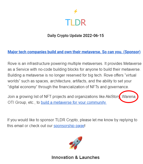 <a href="/WarenaOfficial/">Warena | Hail To The Community 🤝</a> Happy to be mentioned in the latest <a href="/tldrnewsletter/">TLDR Newsletter</a> 🥰

Everyone, don't forget our AMA date at 1 PM today at our Twitter Space x.com/i/spaces/1lDGL…

#Emporia #Metaverse #NFT #DeFi
