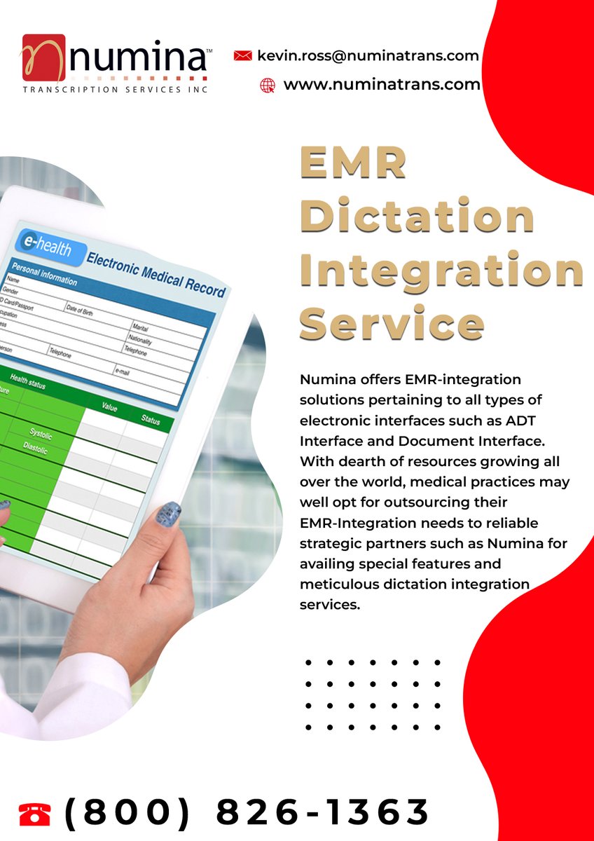 Numina offers EMR-integration solutions pertaining to all types of electronic interfaces such as ADT Interface and Document Interface.

Email : kevin.ross@numinatrans.com

#emrintegration #EMR #EHR #ehrintegrated