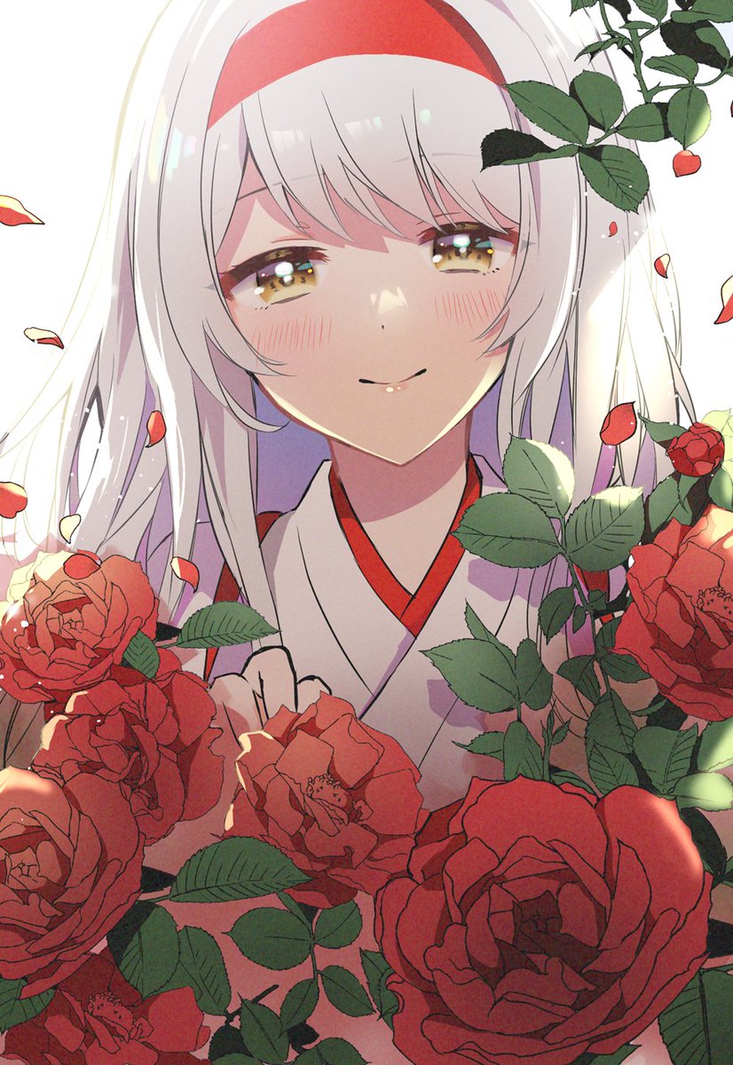 shoukaku (kancolle) 1girl solo flower white hair long hair japanese clothes smile  illustration images