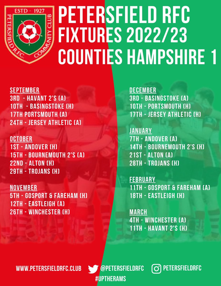 PetersfieldRFC's tweet photo. Here come the Rams with our fixtures list for this upcoming season for our 1stXV. New competition with our last season promotion and a trip to Jersey to boot. #Mighty2βs fixtures will be ready soon. #UpTheRams https://t.co/DmZwRrCXQC