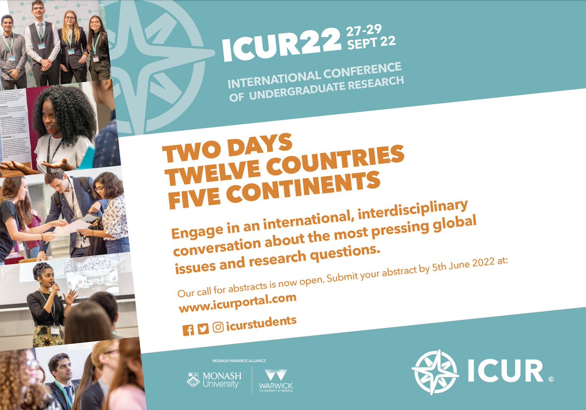 UGResearchLeeds's tweet photo. Exchange your own research, ideas and feedback with like minded undergraduates at ICUR22, a chance to present your own findings on an international scale and connect globally with other researchers. 

Applications close on the 18th of June, Apply now!
https://t.co/4NWNpEIrFv https://t.co/EsDUASc6iT