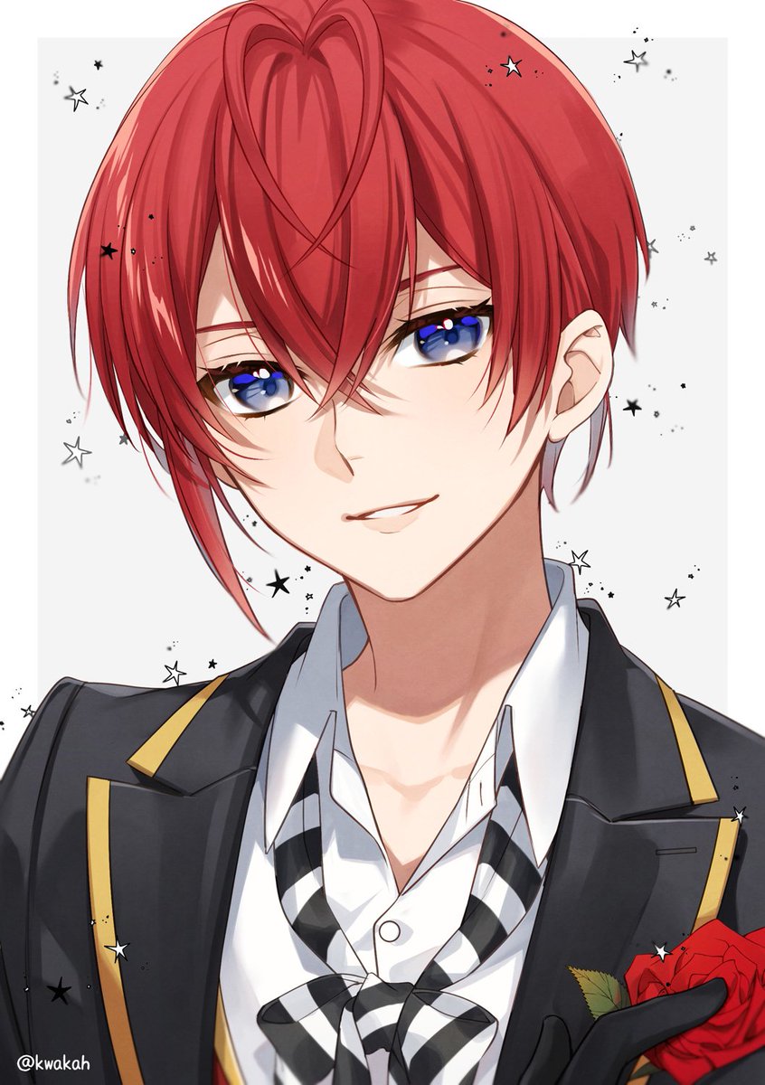 1boy male focus red hair flower solo rose blue eyes  illustration images