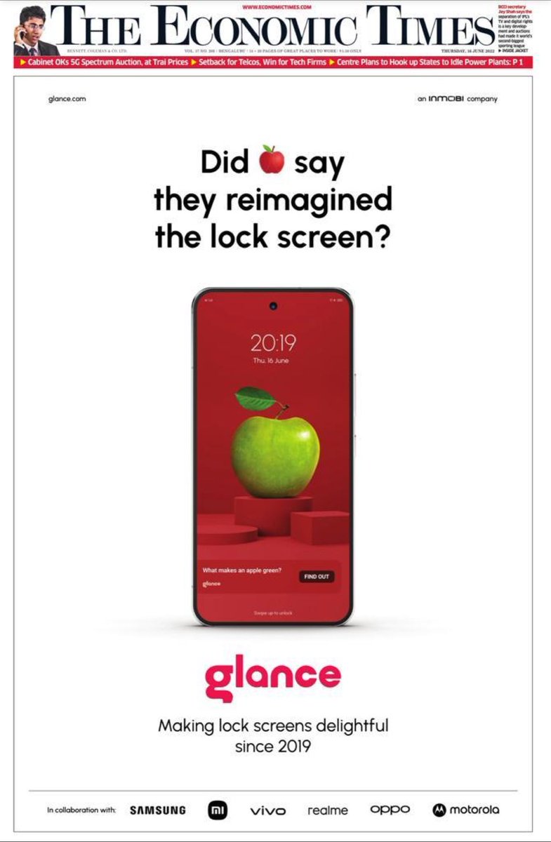 theweekend_chef's tweet photo. I am so overwhelmed to share that since 2019, @glancescreen has been making #Lockscreens delightful! #GlanceDidItFirst 
Glad to have @Apple as a competitor added to the race @InMobi @glancescreen @EconomicTimes https://t.co/ZU8d1AVA9T