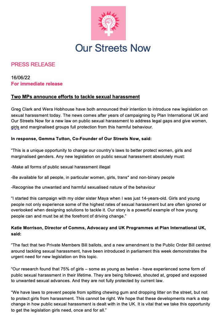OurStreetsNow's tweet photo. Any new legislation on public sexual harassment absolutely must:

Make all forms of public sexual harassment illegal

Be available for all people, in particular women, girls, trans* and non-binary people

Recognise the unwanted and harmful sexualised nature of the behaviour https://t.co/bge49zL6WT