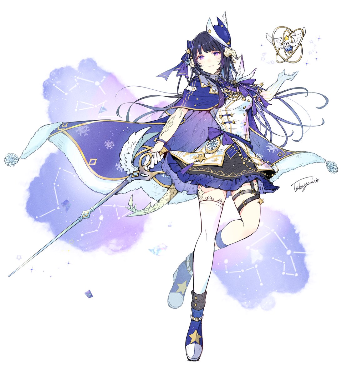 1girl constellation solo long hair holding thighhighs purple eyes  illustration images