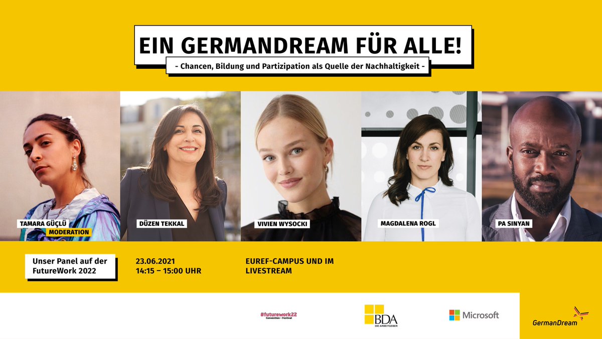 Am 23. Juni diskutieren <a href="/DuezenTekkal/">Düzen Tekkal</a> <a href="/pa_sinyan/">Pa Sinyan</a> <a href="/VivienWysocki/">Vivien Wysocki</a> u.<a href="/LenaRogl/">Magdalena Rogl</a> auf der <a href="/DieBDA/">BDA</a> #futurework22 auf unserem Panel: „Ein #GermanDream für alle! – #Chancen, #Bildung u. Partizipation als Quelle der #Nachhaltigkeit.“ Moderiert von @Tamutzki0711. Kommt vorbei!🚀