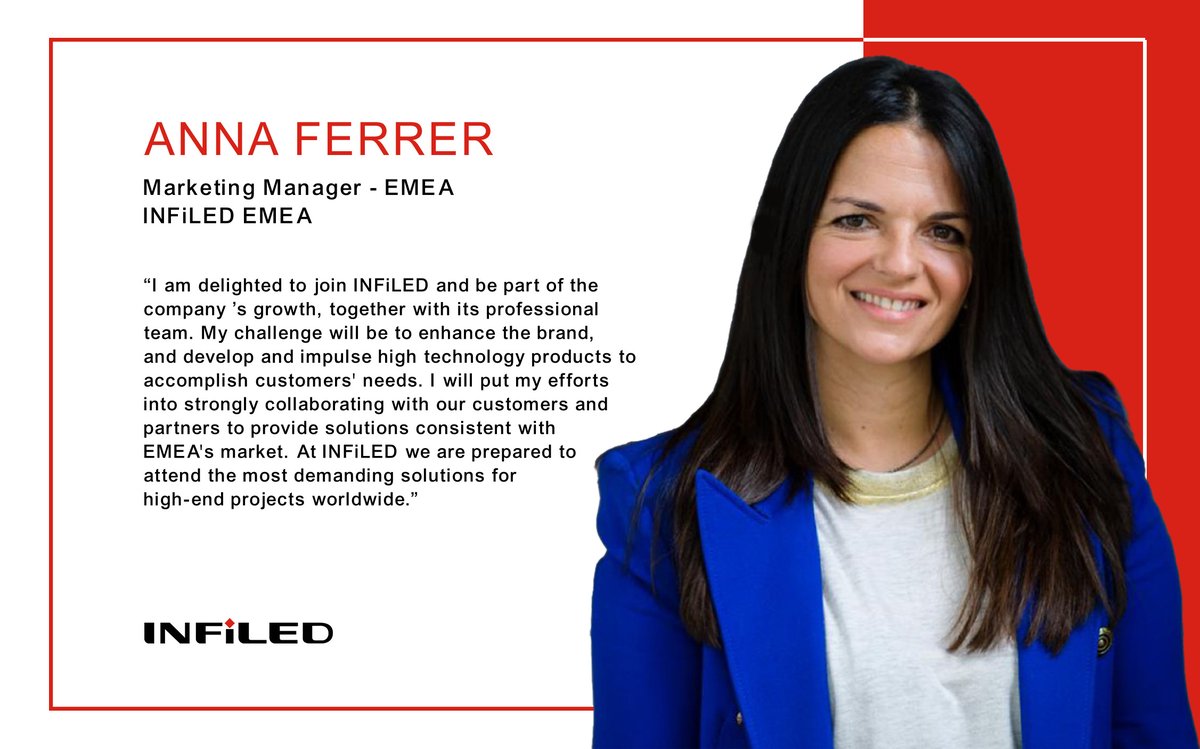 infiledcom's tweet image. We are glad to announce that Anna Ferrer has joined INFiLED as EMEA Marketing Manager! Anna brings over 20 years of experience in the manufacturing and technology industry. 

Read more here: lnkd.in/erx74BvC

#INFiLED #INFiLEDEMEA #Fixed #Rental #ProAV #AVtweeps
