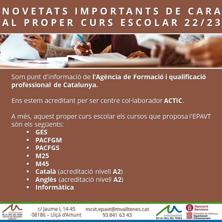 Seguim amb el període de preinscripcions a <a href="/EValltenes/">EPAVallTenes</a> fins al 15 de juliol. 
Al curs vinent venim amb novetats importants!

+info: tuit.cat/1QqKl

<a href="/ajllissadevall/">Ajuntament de Lliçà de Vall</a> <a href="/llicamunt/">Ajuntament de Lliçà d'Amunt</a> <a href="/ajsantaeulalia/">Ajuntament de Santa Eulàlia de Ronçana</a> <a href="/BiguesiRiells/">Bigues i Riells del Fai</a>