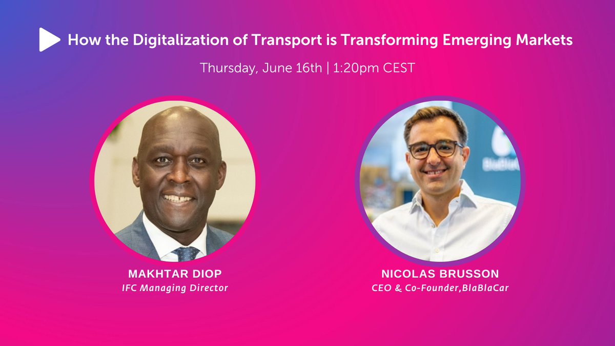 🚗 Happening now at #VivaTech: a fireside chat between IFC Managing Director <a href="/Diop_IFC/">Makhtar Diop</a> &amp; <a href="/nbrusson/">nbrusson</a>, <a href="/BlaBlaCar/">BlaBlaCar</a> CEO &amp; Co-Founder, on the digitalization of #transport and what it means for emerging markets.
🎥Watch live! app.vivatechnology.com/session/cc5155…
