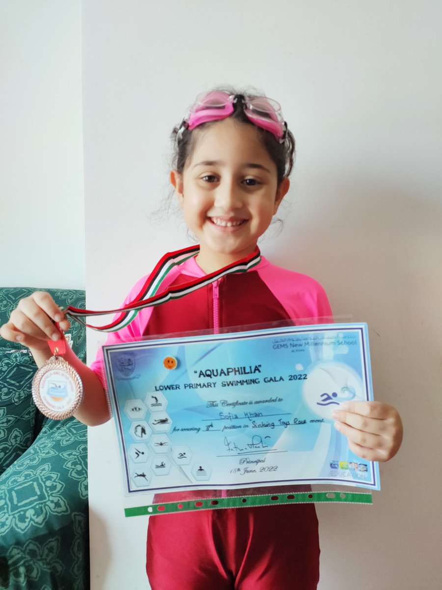 SaniyaBulbul's tweet photo. Time for Splash 🏊#Swimminggala Sofia Khan of Kg 2C with her medal🏅.She had fun during Swimming Gala.Thanks to her homeroom teacher Miss Bushra @Bushra_b05 &amp; all teachers n staff who were involved in the event @Fatima_Martin @MichelleVerghe1 @gemsnms_alkhail @Archana_adidev https://t.co/K3oKCGBp8B