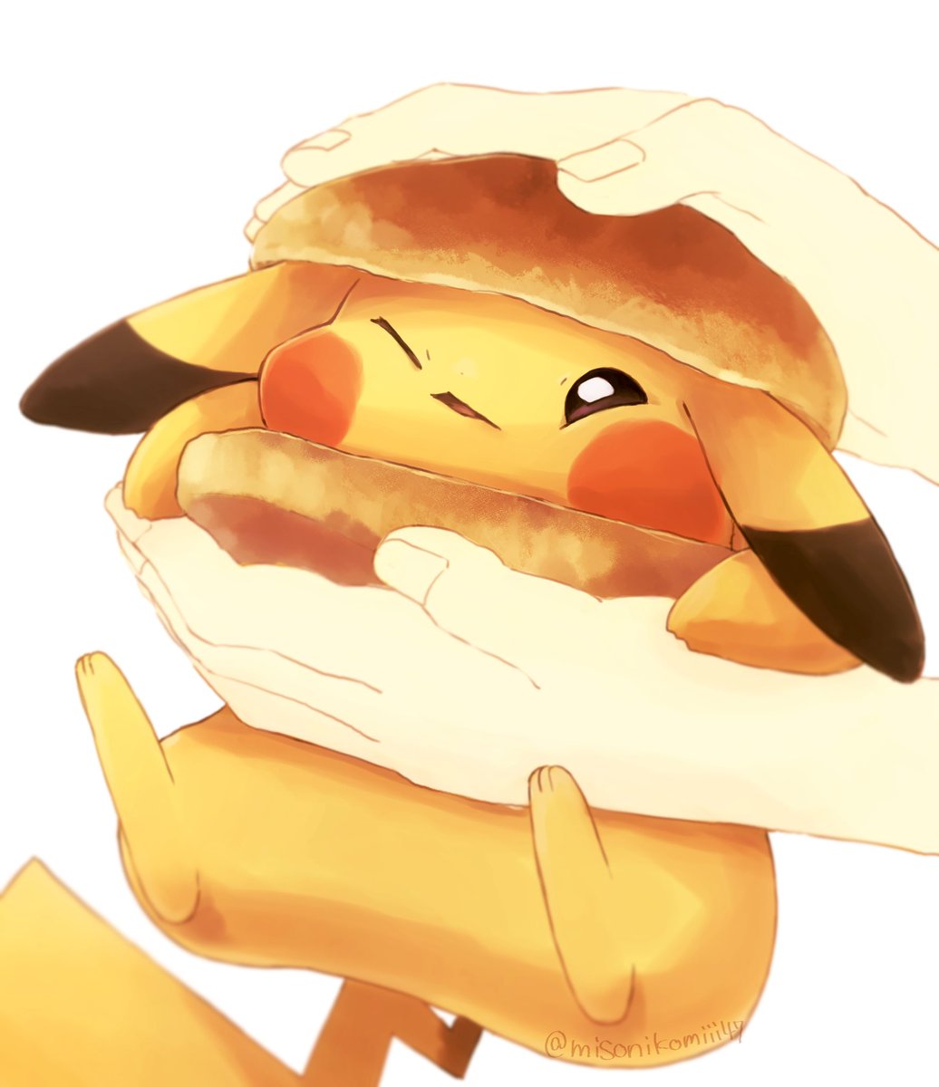 pikachu pokemon (creature) holding one eye closed food white background twitter username no humans  illustration images