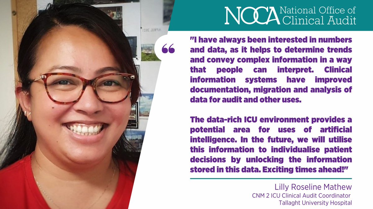 noca_irl's tweet photo. Lilly Mathew is CNM2 ICU Clinical Audit Coordinator in Tallaght University Hospital.
Below, she tells us how Irish National ICU Audit has helped to improve the collection, analysis and reporting of ICU data.
Lilly is a NOCA Clinical Audit Ambassador #CAAmbassador #CAAW22 https://t.co/KchgvoDz1r
