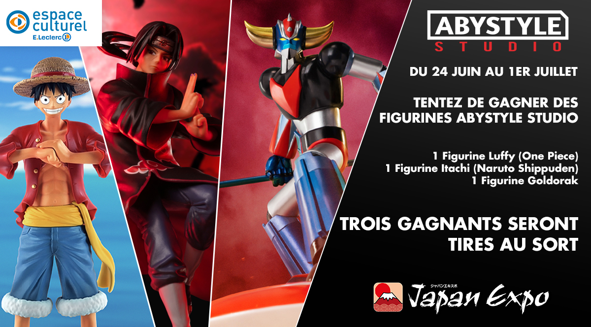 Leclerc_JV's tweet photo. À l'occasion de la #japanexpo cet été, nous vous offrons 3 magnifiques figurines (#OnePiece #NarutoShippuden et #Goldorak) 😍
3 gagnants 🎁
TAS 01.07 ⏱️

RT + Follow @Leclerc_JV et @abystyle_studio 

Toutes nos figurines▶️https://t.co/TIWdlaSUj6
Règlement▶️https://t.co/Me1XqawWk8 https://t.co/LzyypDkeF9