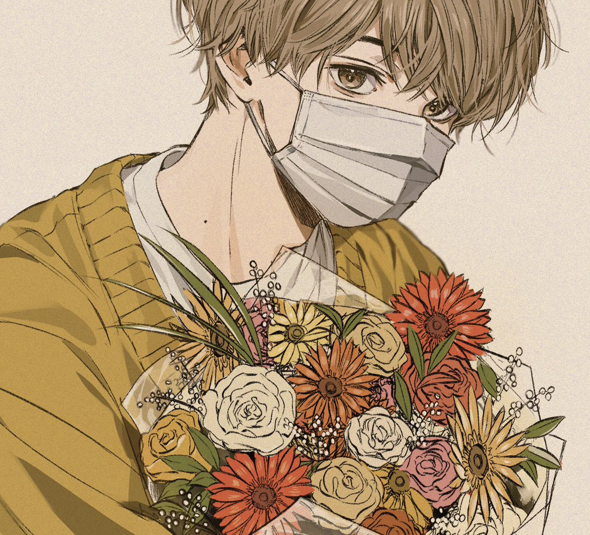 1boy male focus mask solo mouth mask flower brown eyes  illustration images