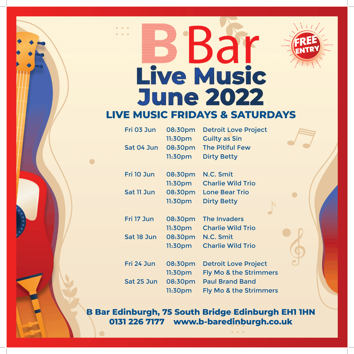 BBarEdinburgh's tweet photo. Check out our June 2022 lineup. Free entry to our live music venue every Friday and Saturday.
B Bar, 75 South Bridge, Edinburgh EH1 1HN
https://t.co/EUsM6Do4IS
#Edinburgh #LiveMusic #Gig #Music https://t.co/3V4xle5hor