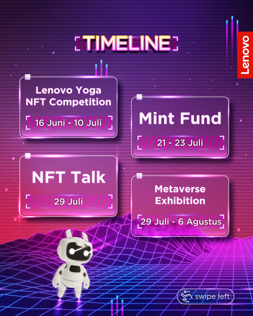 idnft_'s tweet photo. 🔥Lenovo YOGA NFT Competition🔥

🚨 NFT Competition: 16 Juni -10 Juli 2022
🚨 Mint Fund: 21-23 Juli 2022
🚨 NFT Talk dan Pengumuman 3 Besar: 29 Juli 2022
🚨 Metaverse Exhibition: 29 Juli - 6 Agustus 2022

Selengkapnya ada di
🔗 https://t.co/KKQ57VQDWv https://t.co/vYdpigobz4