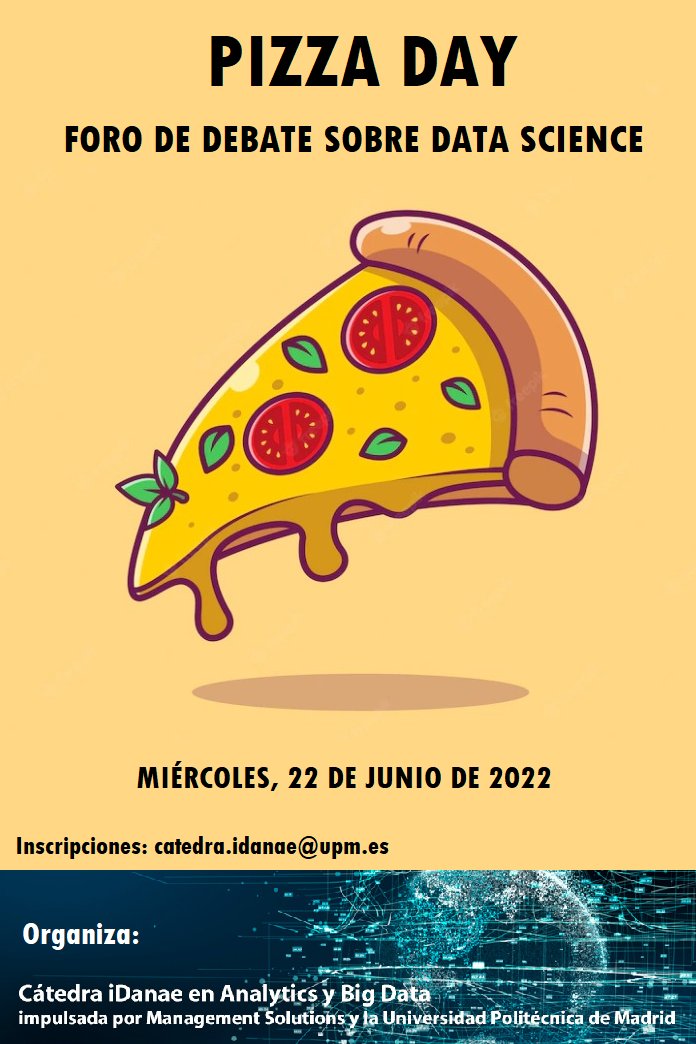 La <a href="/CatedraIdanae/">Catedra iDanae</a> organiza el próximo 22 de junio un Pizza Day con un foro de debate sobre Data Science y después compartiremos unas pizzas todos juntos.

Si estás interesado, puedes inscribirte mandando un correo a catedra.idanae@upm.es 

(Más info, DM)