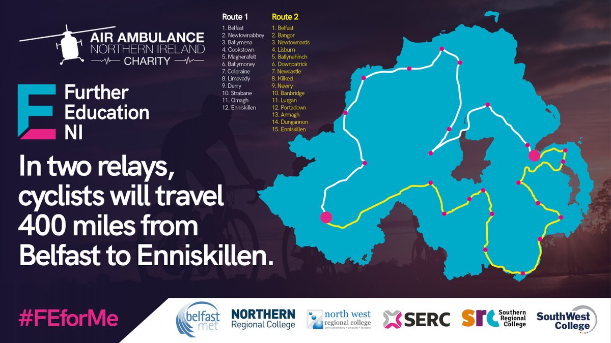 Tomorrow staff from Northern Ireland's six Further Education Colleges will cycle 400 miles to raise vital funds for Air Ambulance NI. 

To make a donation visit: gofundme.com/f/further-educ…
