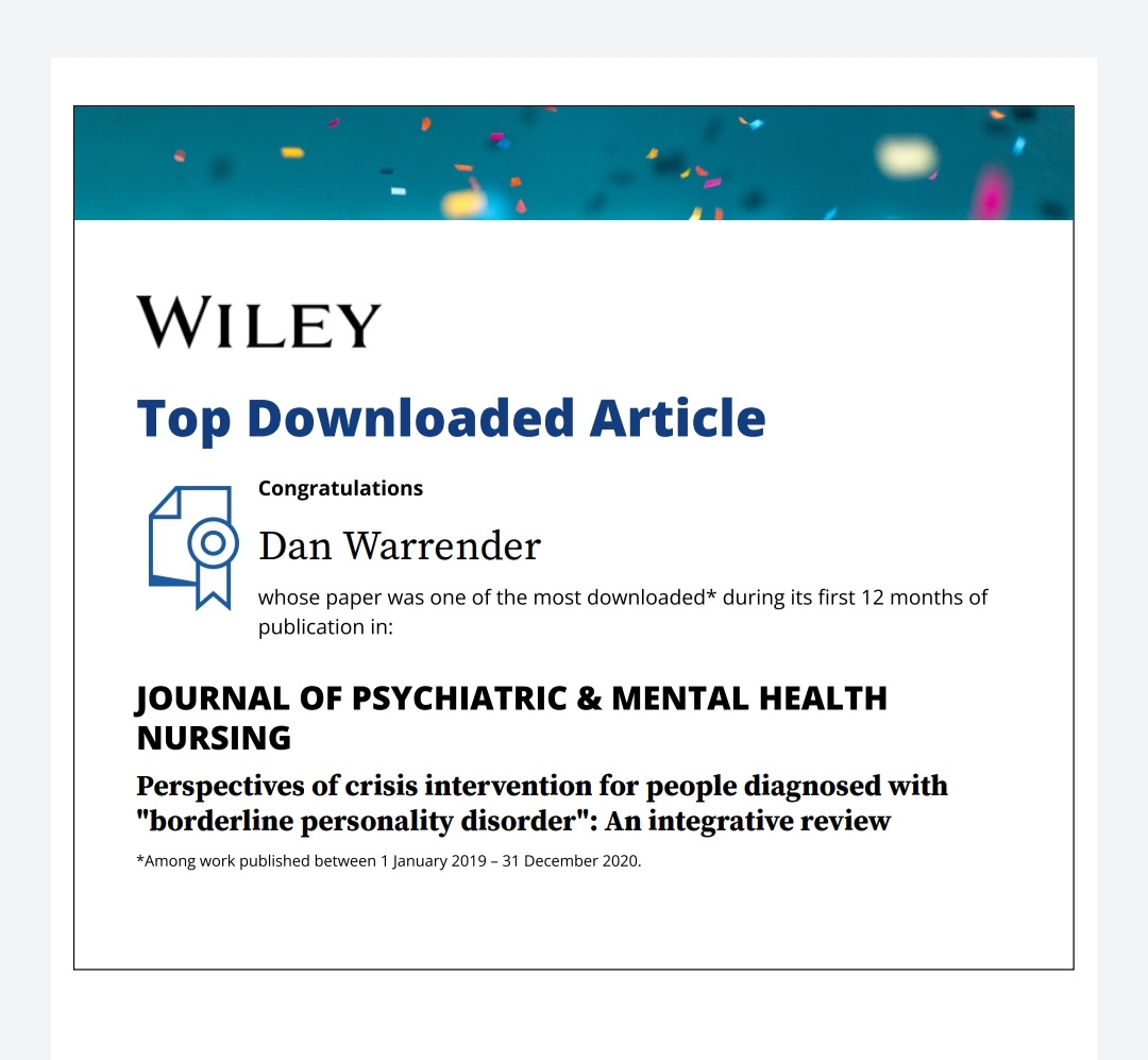 On my way back from <a href="/BIG_SPD/">BIGSPD</a> and nice to recieve an email saying my literature review published in <a href="/JPMHNursing/">Journal of Psychiatric and Mental Health Nursing</a> was one of the most downloaded.  Pleased that the topic is getting the attention it deserves.  Article at this link for anyone interested:
onlinelibrary.wiley.com/doi/full/10.11…