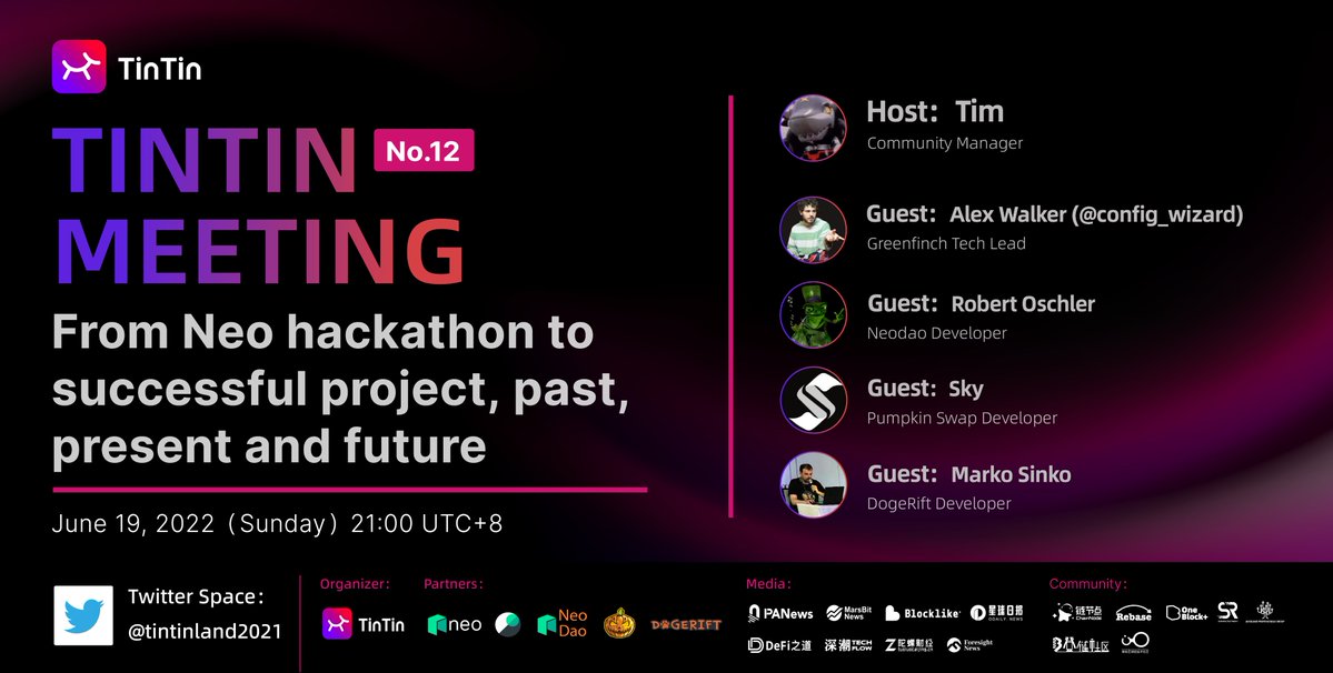📣TTM#12 starts this Sunday!

😎Topic: Neo Hackathon winner sharing
📅6/19 9pm UTC+8
🎙 
Alex Walker <a href="/amlwwalker/">Alex Walker</a> Engineer
Robert Oschler @roschler software developer
Sky <a href="/PumpkinSwap/">PumpkinSwap</a> Full Stack Developer
Marko Sinko <a href="/DogeRift/">DogeRift NFT GameFi (🐶,🐶)</a> lead developer

👇RSVP
x.com/i/spaces/1gqxv…