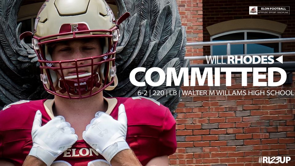 I’m proud to announce that I am 100% commited to <a href="/ElonFootball/">Elon Football</a> ; <a href="/TonyTrisciani/">Tony Trisciani</a> <a href="/CoachMAustin/">Milo Austin, M.S.</a> <a href="/CVance43/">Casey Vance</a> <a href="/whsbulldogsfb/">Williams Football</a>