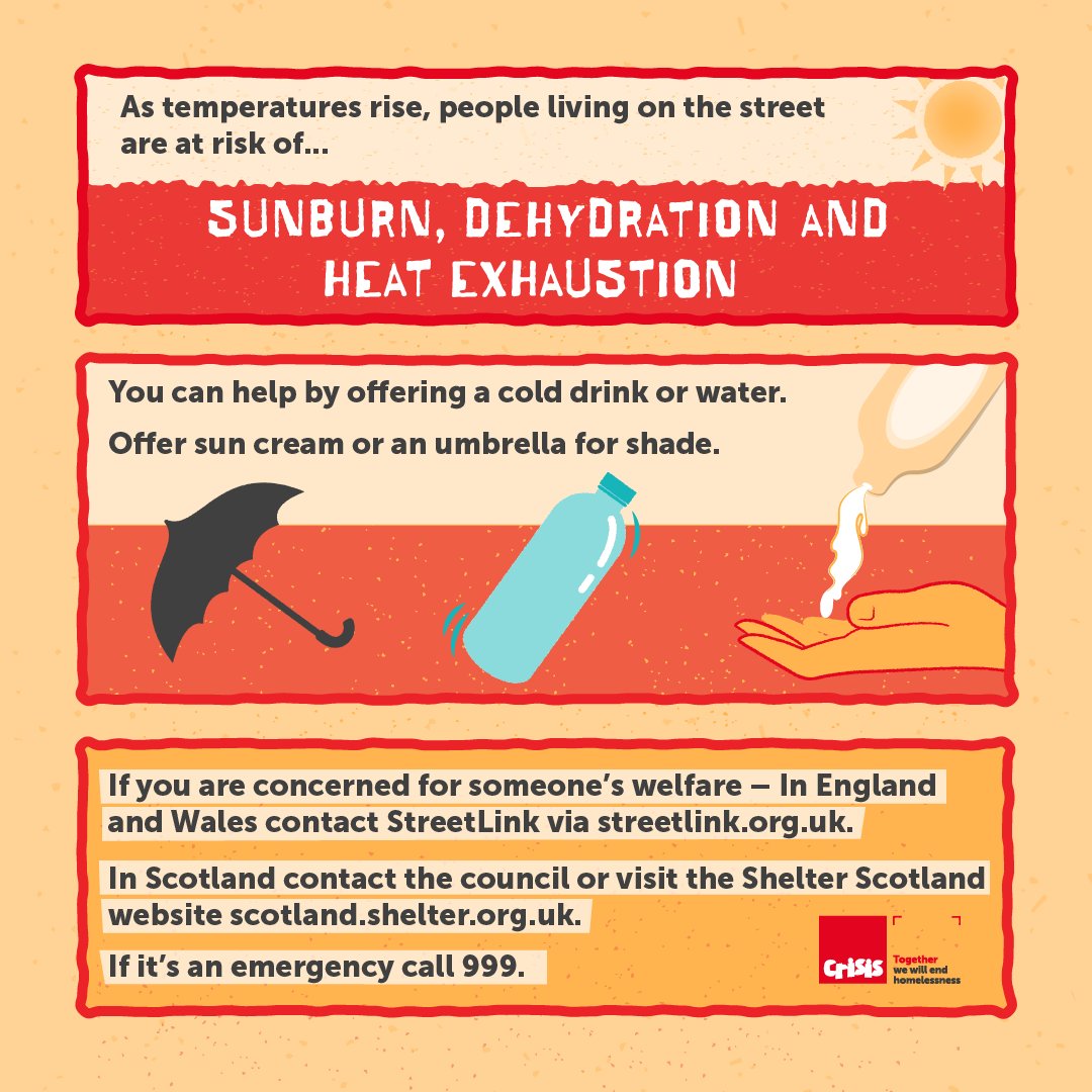 crisis_uk's tweet photo. As temperatures rise, people living on the street are at risk of sunburn, dehydration and heat exhaustion. 

RT to help share our advice on how you can help. ⬇️ https://t.co/5LVxFRcaGl
