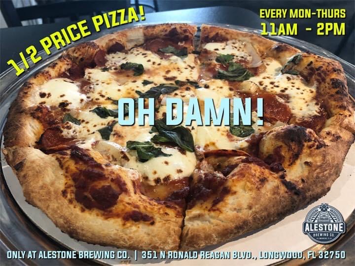 Every Monday - Thursday 1/2 OFF pizza from 11 AM - 2 PM #alestonebrewing #halfpricepizza #pizza #alestonemenu "#lunchpizza #longwoodpizza #longwood #longwoodbrewery