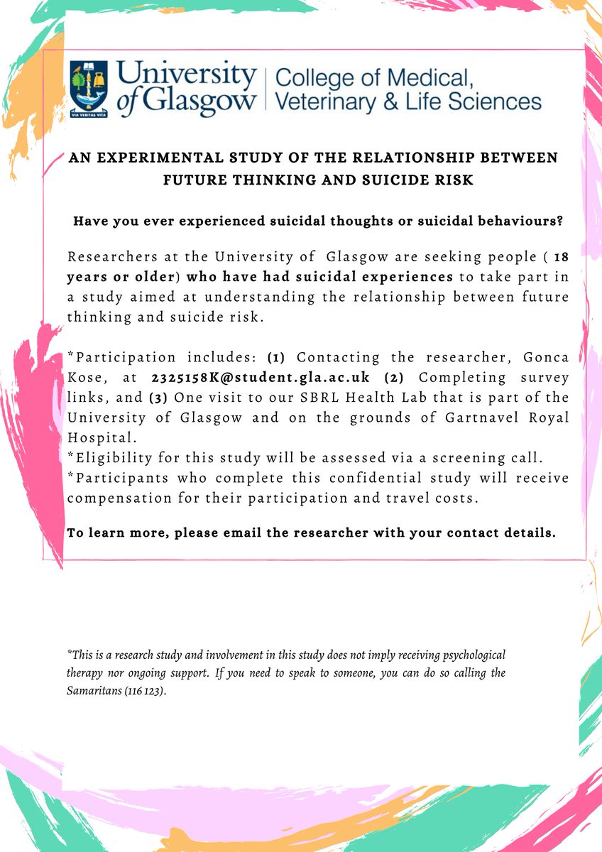 ThinkingStudy's tweet image. 📢We are looking for individuals (18 years or older) who have had suicidal experiences and those without any history of suicide attempts or suicidal thoughts to participate in an experimental study investigating the relationship between cognition and suicide risk. 

Details👇🏻