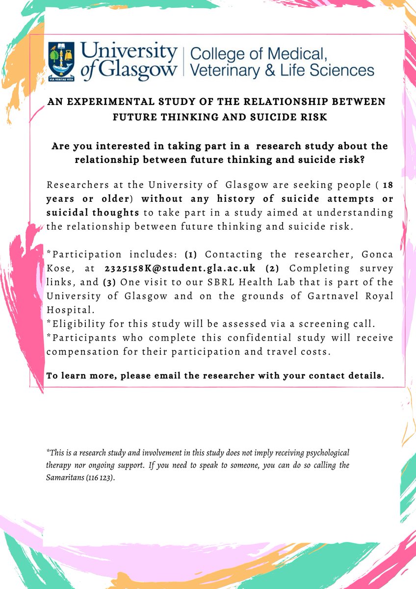 ThinkingStudy's tweet image. 📢We are looking for individuals (18 years or older) who have had suicidal experiences and those without any history of suicide attempts or suicidal thoughts to participate in an experimental study investigating the relationship between cognition and suicide risk. 

Details👇🏻