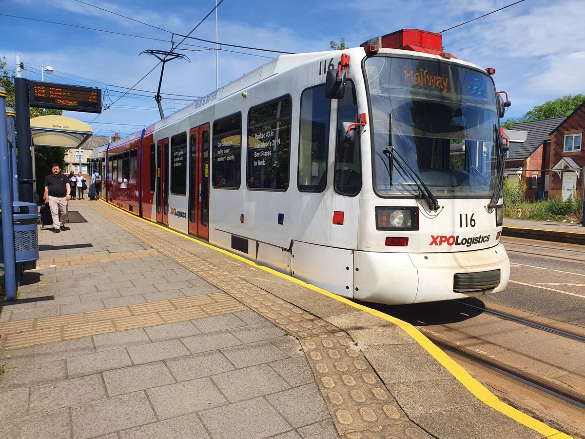 JamesTGlossop's tweet image. Sheffield Supertram 116 in her XPO Logistics livery seen at Spring Lane tram stop this afternoon on a Blue Route to Halfway P&amp;amp;R. (16/06/2022) #SpringLane #Sheffield #trams #SouthYorkshire @JedKendray @303032_trains @SCSupertram