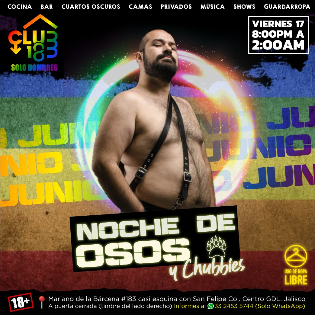 Club183Gdl's tweet photo. ‼️ Este viernes es cuando los osos y chubbies de #GDL se juntan en el #club183 🔥 Nos vemos a partir de las 8:00pm, el uso de ropa es opcional 😈 https://t.co/rwgi2WOhEy