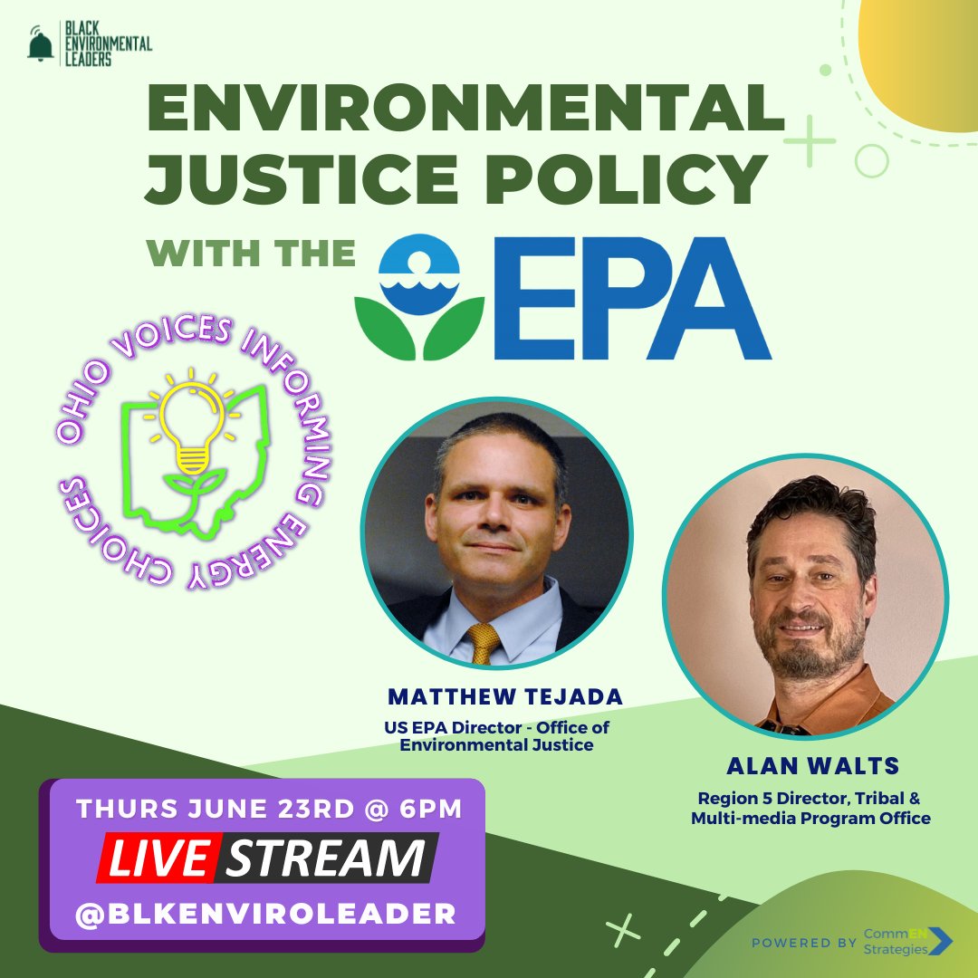 BlkEnviroLeader's tweet photo. Tune in for the season finale of #OVIEC! — Tune in next Thursday at 6PM as we discuss Environmental Policy with @EPA Director of Environmental Justice, Matthew Tejada & @EPAGreatLakes Director of Tribal & Multi-media Program Office, Alan Walts. https://t.co/0T5K9KTFfE
