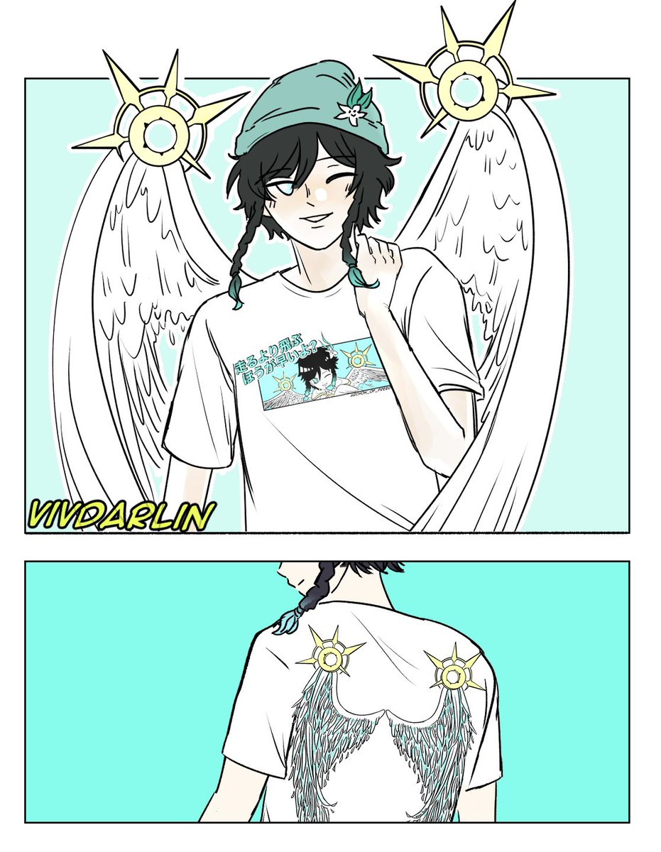 Modern Venti with his Archon Wings on his shirt🥺💚 (real thing in replies~👀)
#venti #fanart #genshinimpact #原神 