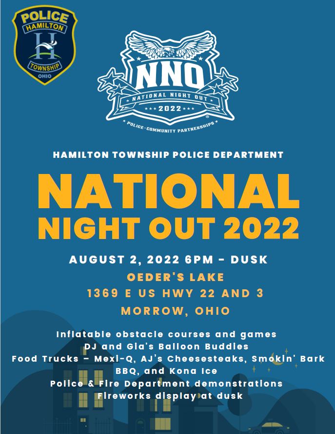 HamiltonTwpPD's tweet photo. Join us on August 2 for #NationalNightOut 
*Food Trucks *Games *Inflatables *Music *K9, Taser, SWAT, fire demonstrations and more! https://t.co/rFud6bjQER