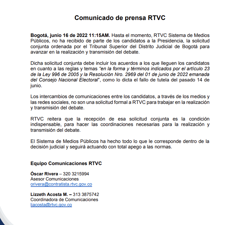 gusgomez1701's tweet photo. Comunicado de @RTVCco sobre el estado de la cuestión alrededor del debate. https://t.co/qhG3VeNA0h