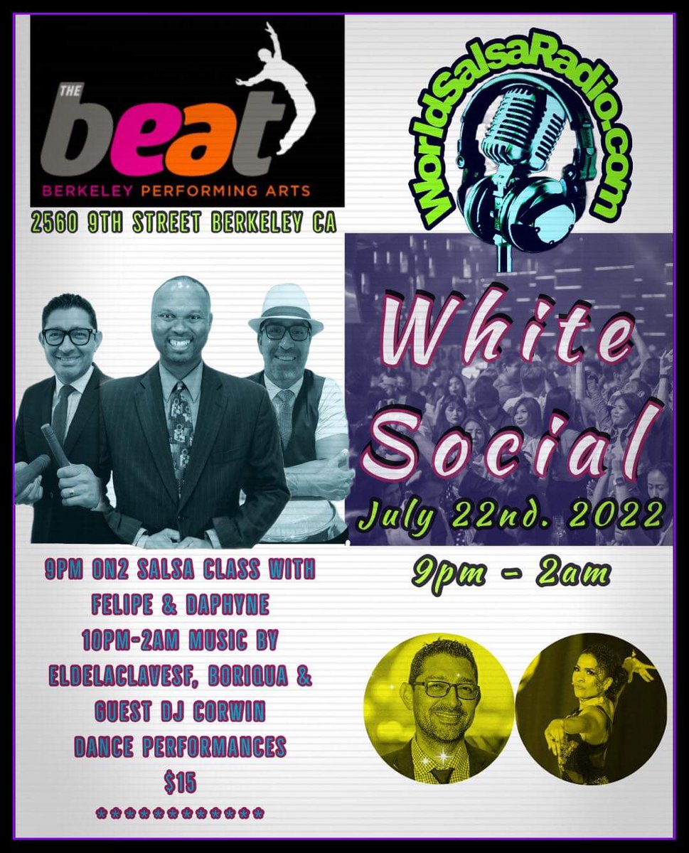 WorldSalsaRadio's tweet photo. San Francisco Bay Area.
Come join us July 22nd at The Beat in Berkeley. 
https://t.co/yNBUtpFA25 Dance Social With guest DJ Corwin from Utah.
#WorldSalsaRadio #EldelaClaveSF #BayArea #SanFrancisco #Salsa #Mambo #DanceSocial https://t.co/ZzjFE9ODt9