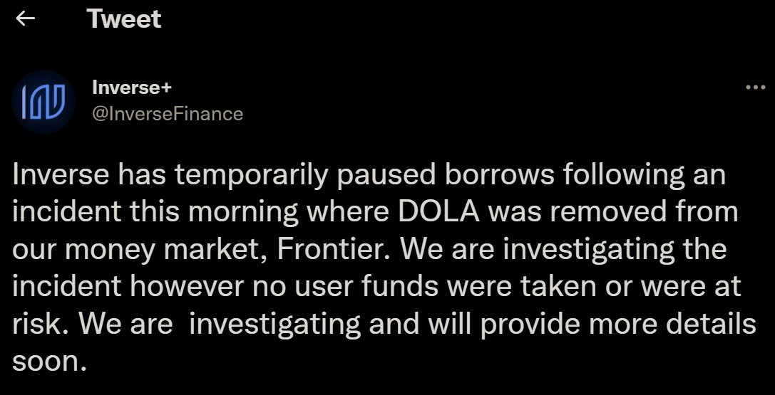 KeanuPump's tweet photo. JUST IN: Inverse Finance exploited leading the hacker to gain $1.26M: REKT 🆘 https://t.co/oW3kJUw374