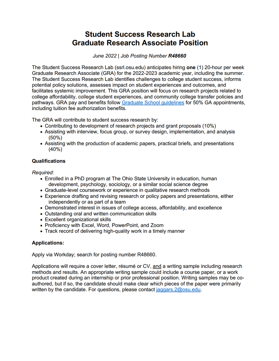 QualLabOSU's tweet photo. A new Graduate Research Associate position (Workday posting number R48660) is available through the Student Success Research Lab for the next academic year. Don't miss out this great opportunity to conduct #qualitativeresearch! 🤩 Application details 👇 https://t.co/T6crOXMRke