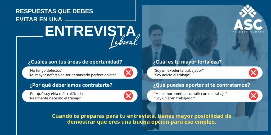 GRUPOASC_PERU's tweet photo. 💡 RESPUESTAS INCORRECTAS EN UNA ENTREVISTA LABORAL
#TipASC #TipLaboral #entrevistalaboral #respuestas https://t.co/20gjC74ZsM