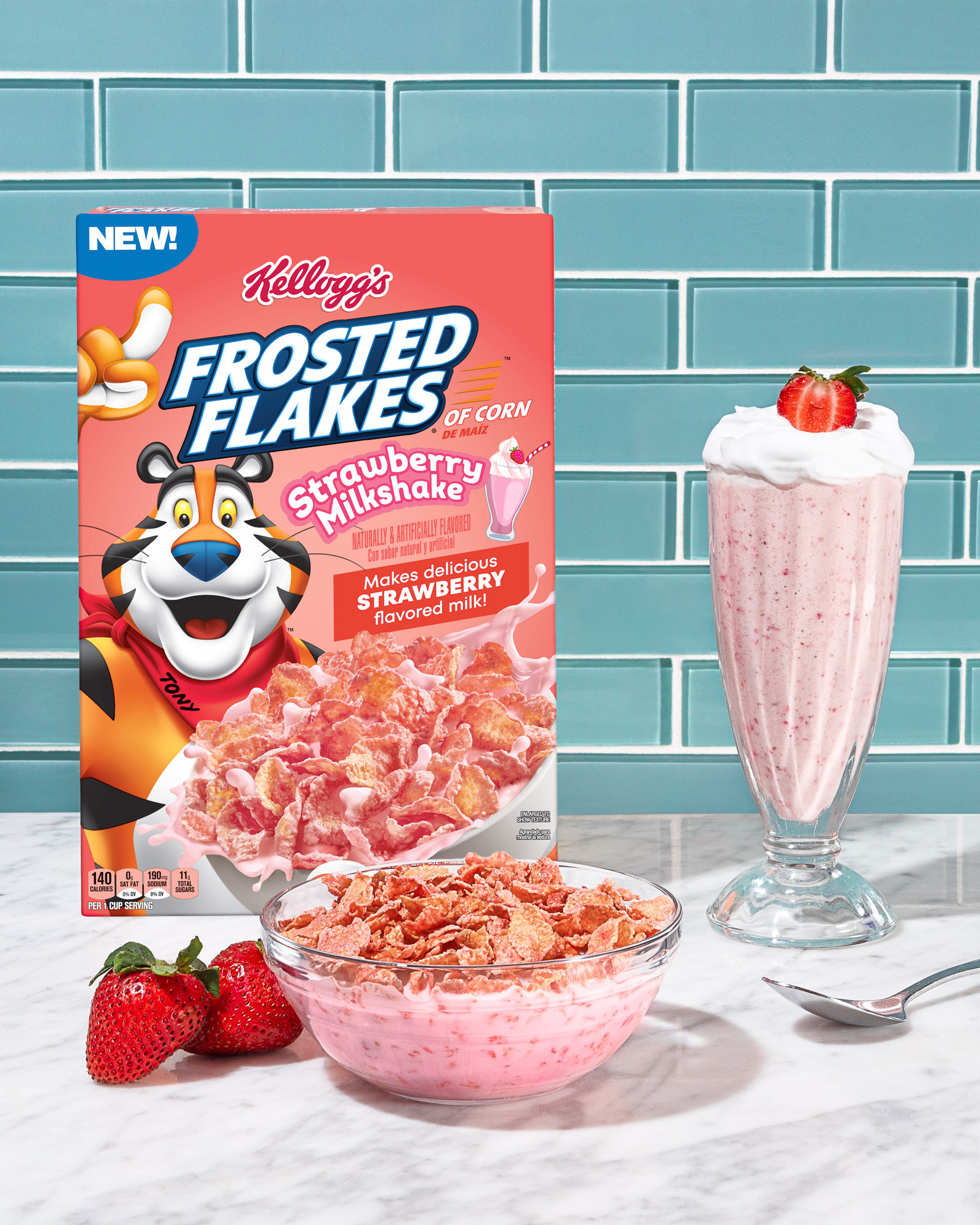 Kellogg's Frosted Flakes Strawberry Milkshake, Cinnamon French Toast,  Chocolate