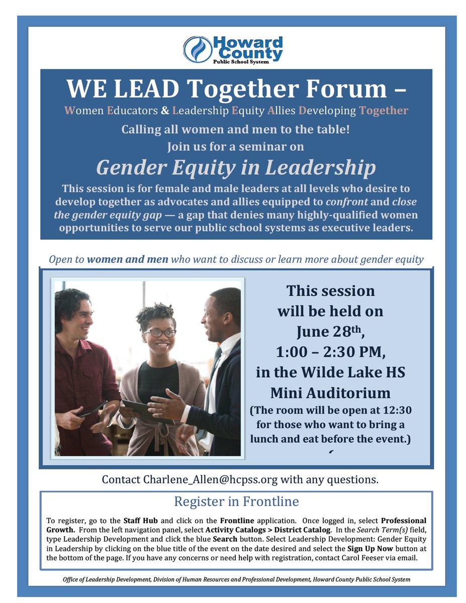 HCPSS_LeaderDev's tweet image. Registration is now open for our final WE LEAD session of the year. Come learn more about gender equity in leadership! This session is open to teacher leaders, central office staff, and school-based administrators.  We encourage both female leaders and male allies to attend!