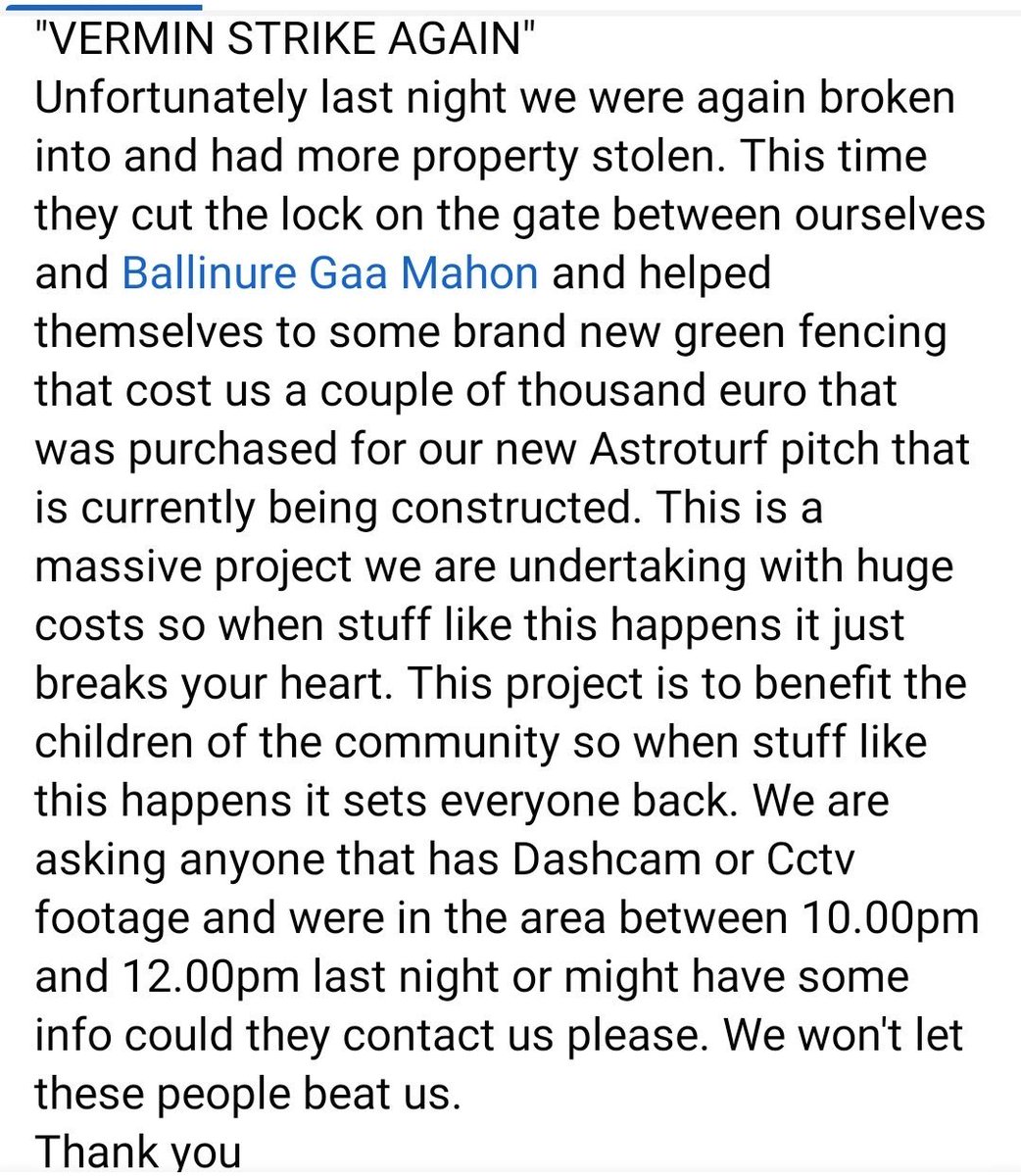 This needs to be addressed asap.The voluntary work of a great club continues to meet setbacks that should not be allowed happen. Property of three clubs damaged to steal from another.Retweet please <a href="/Corks96FM/">Cork's 96FM</a> <a href="/BigRedBench/">RedFM Sport</a> <a href="/irishexaminer/">Irish Examiner</a> <a href="/echolivecork/">EchoLive.ie</a> @CllrDesCahil <a href="/TerryTshannon/">Terry Shannon</a>