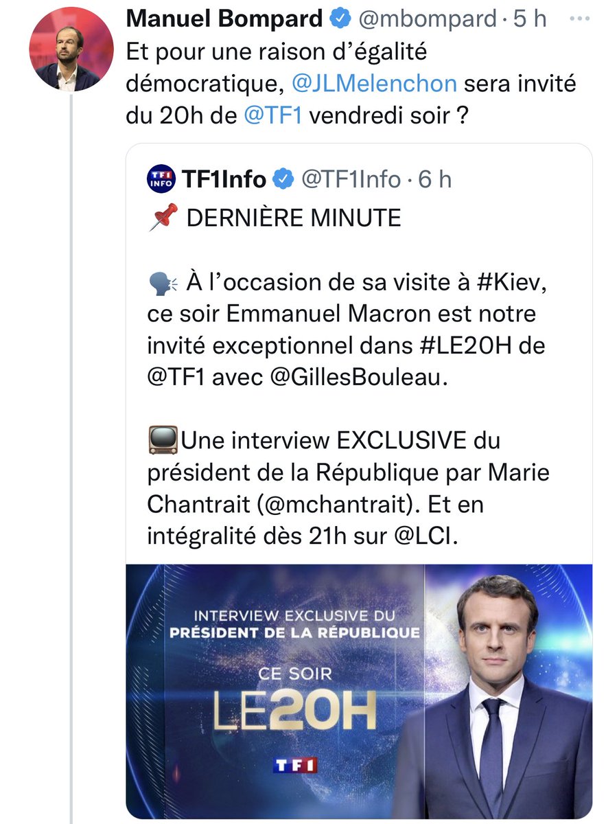 Bah, c’est-à-dire qu’il y en a un qui est président de la République, qui a la présidence de l’Union européenne, qui est avec le président ukrainien à Kiev pour parler de la guerre et de l’autre y a un type arrivé 3e à la présidentielle et même pas candidat aux législatives.